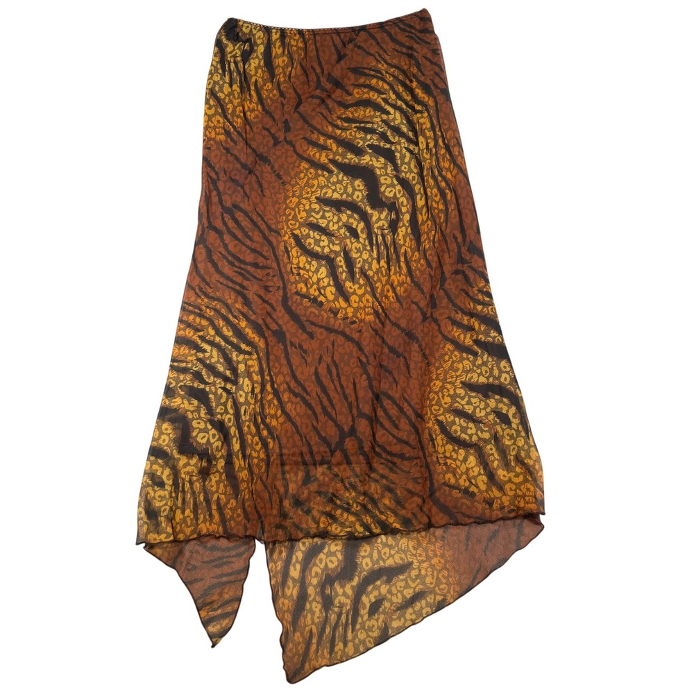 La Belle Tiger Leopard Print Mesh Skirt 1 Women Brown Asymmetrical Y2K Hem